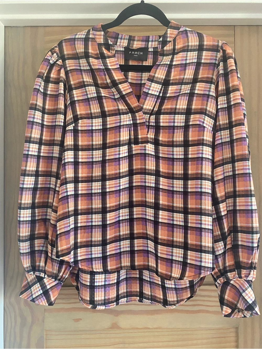 French Connection Orange Plaid Button-Down Style V-Neck Top